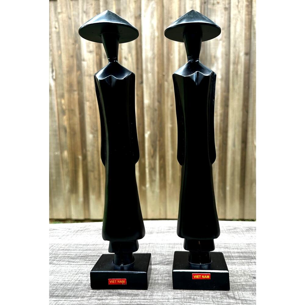 Pair of Vietnamese Wooden 13.5" Vintage Sculptures Figurines of a Woman Cone Hat